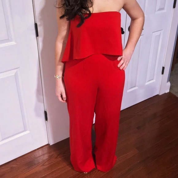 Molly Green Coral Red Strapless Wide Leg Jumpsuit - Picture 2 of 10